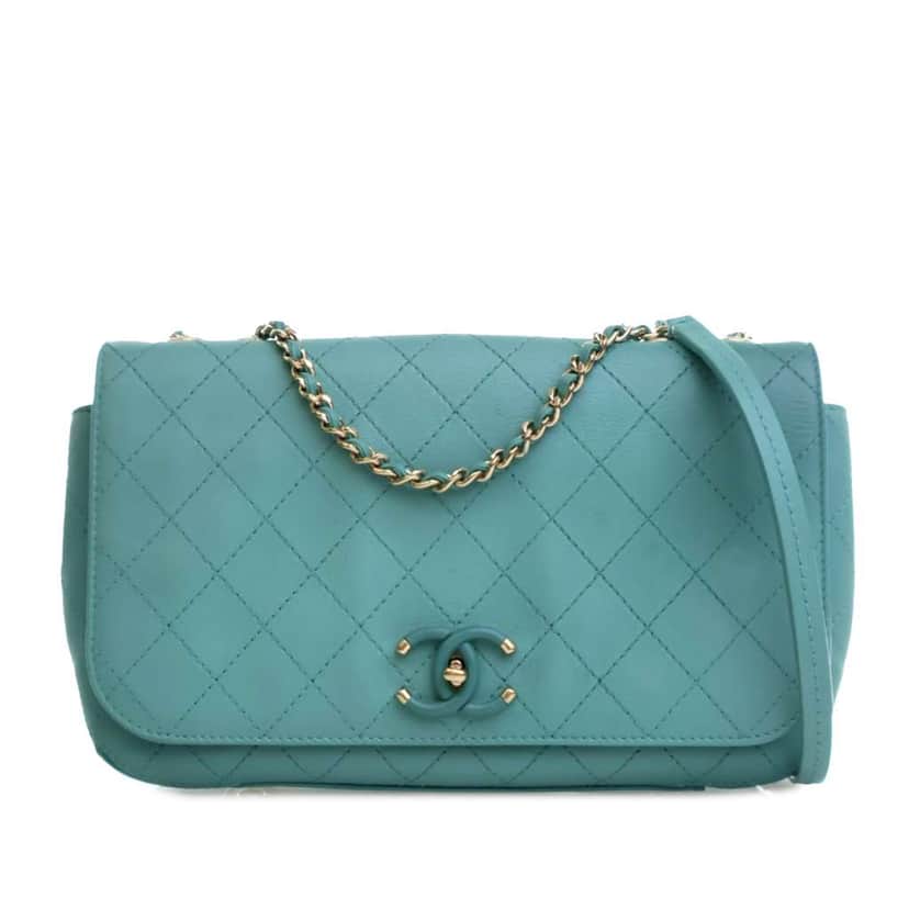 Chanel Medium Stitched Calfskin Covered CC Flap Blue Leather Good condition - Front View