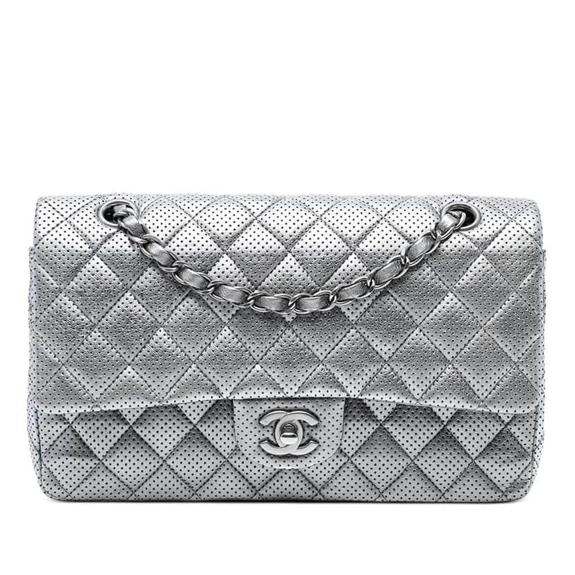 Chanel Medium Classic Perforated Lambskin Double Flap Silver Leather Good condition - Front View