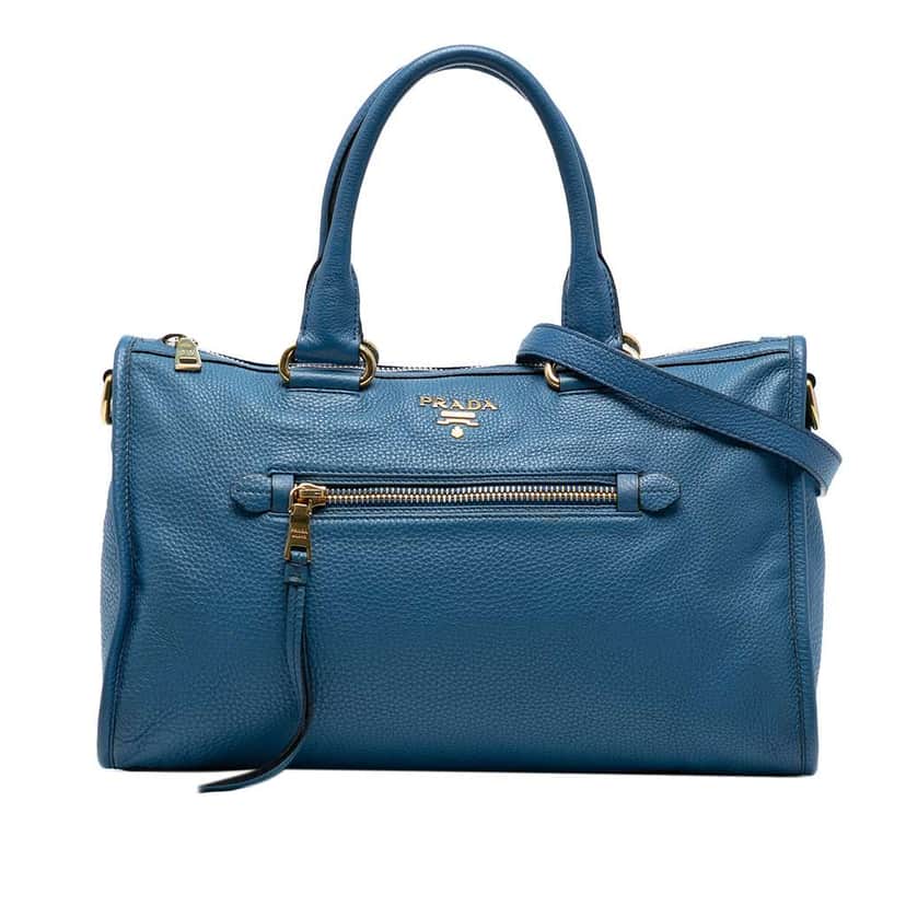 Prada Vitello Daino Zip Top Satchel Blue Leather Good condition - Front View