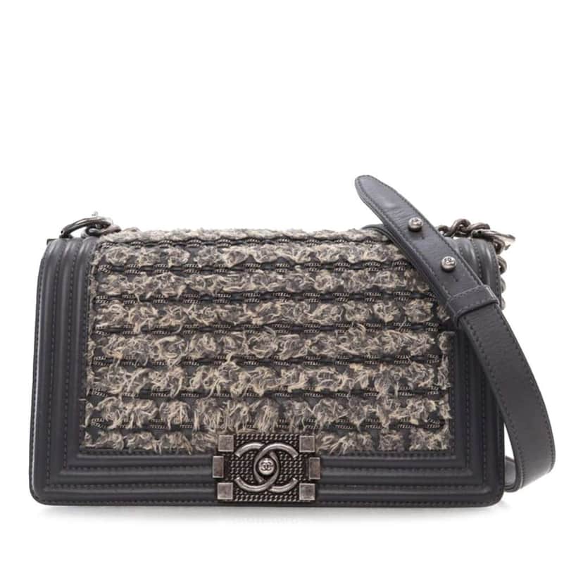 Chanel Old Medium Braided Tweed and Calfskin Boy Flap Grey Tweed Good condition - Front View