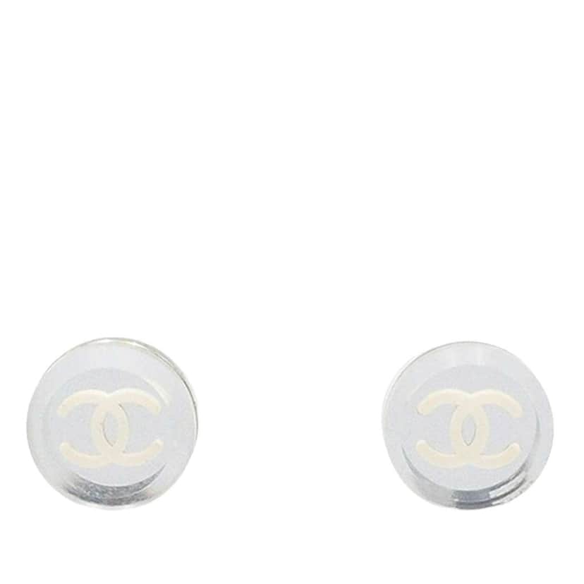 Chanel Resin and Silver Plated CC Round Push Back Earrings Silver Good condition - Front View