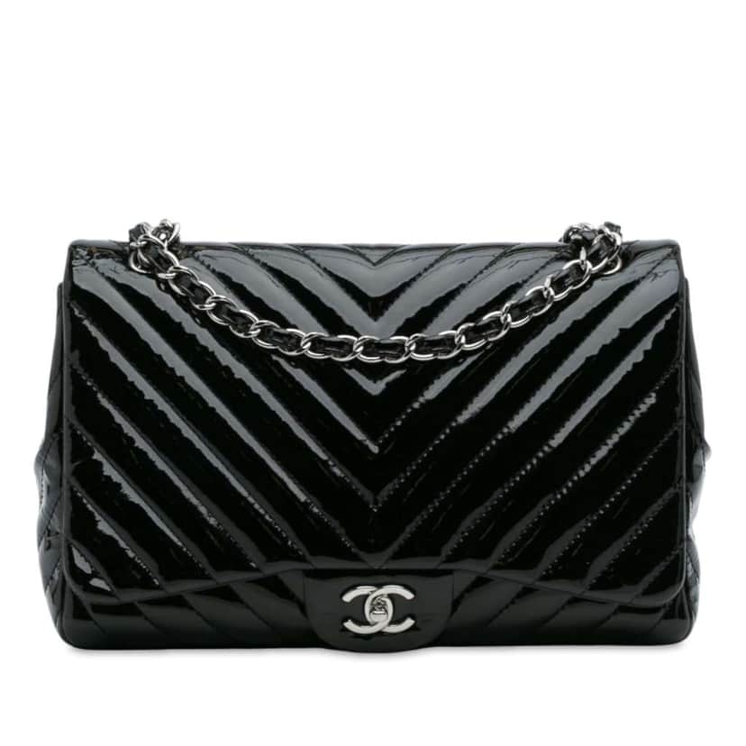 Chanel Jumbo Classic Chevron Patent Single Flap Black Leather Good condition - Front View