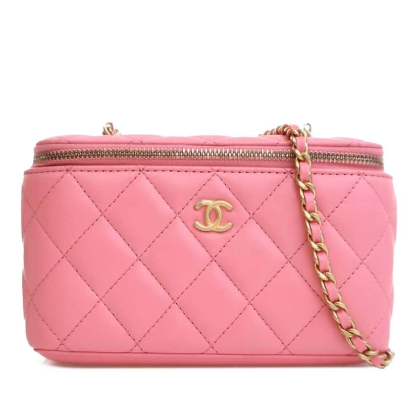 Chanel Small Quilted Lambskin Pearl Crush Vanity Case with Chain Pink Leather Good condition - Front View