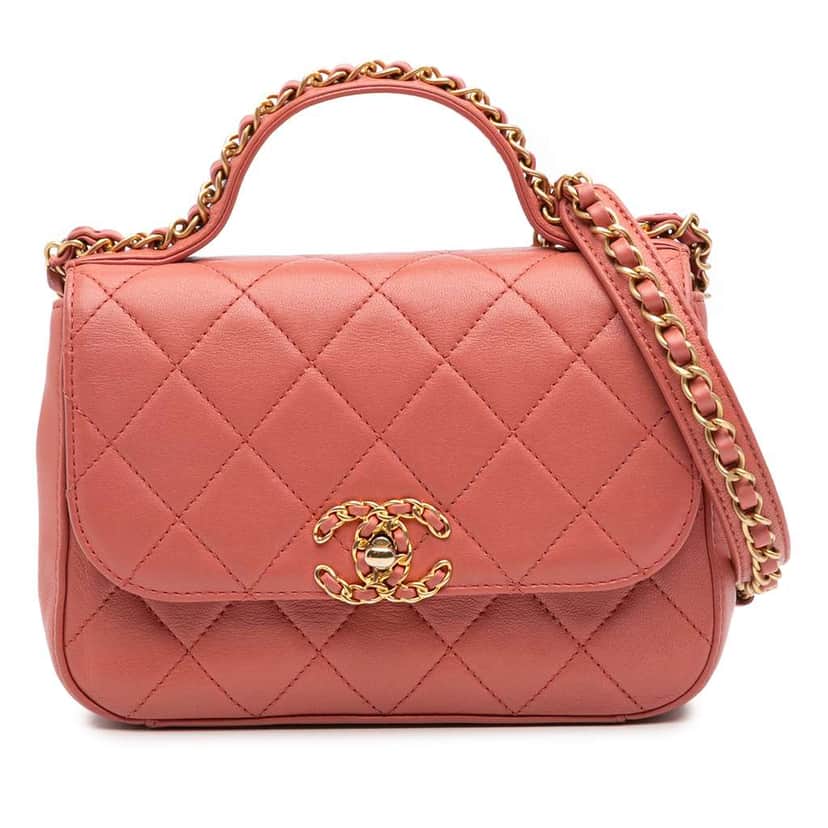 Chanel Quilted Lambskin Chain Infinity Top Handle Bag Pink Leather Very good condition - Front View