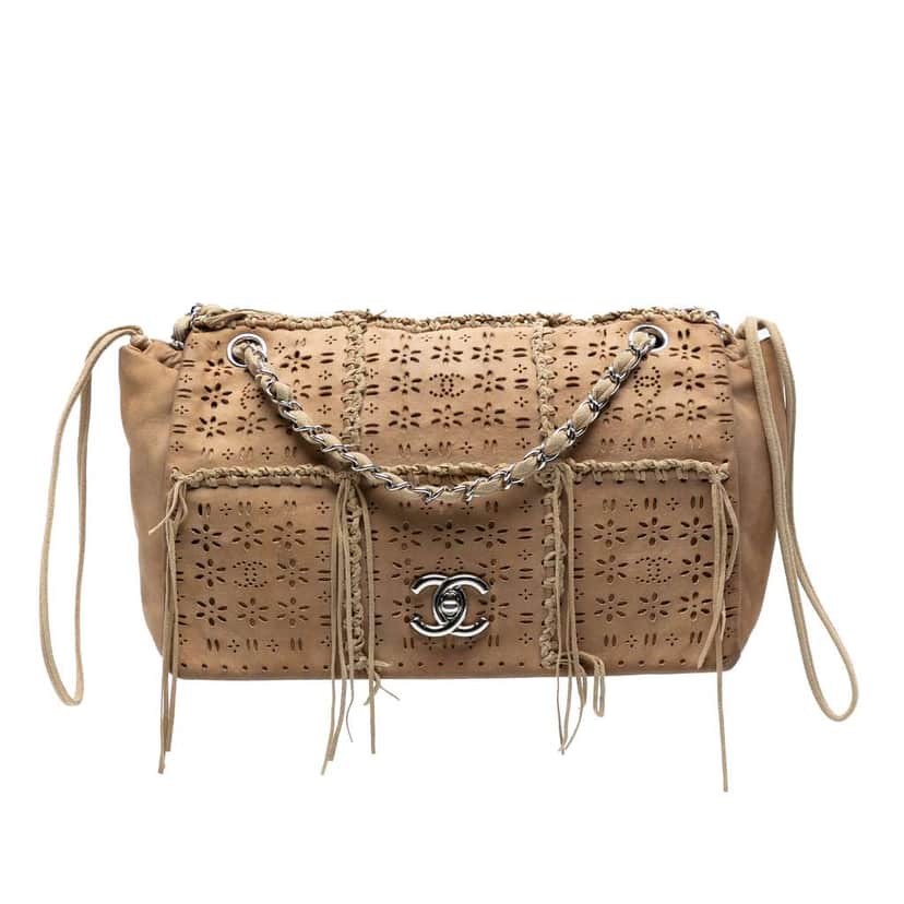 Chanel Perforated Suede Fringe Flap Brown Leather Good condition - Front View