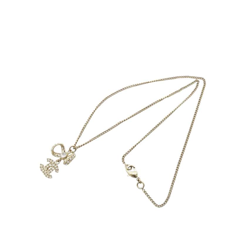 Chanel Gold Plated CC Bow Crystal Pendant Necklace Gold Metal Good condition - Front View