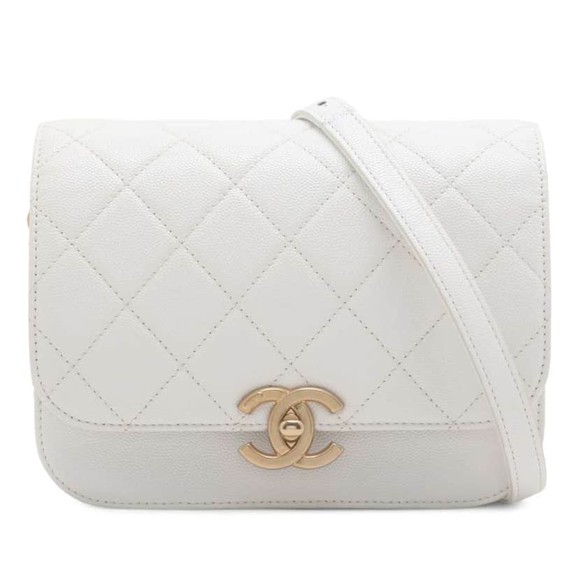 Chanel CC Quilted Caviar Flap Crossbody White Leather Good condition - Front View