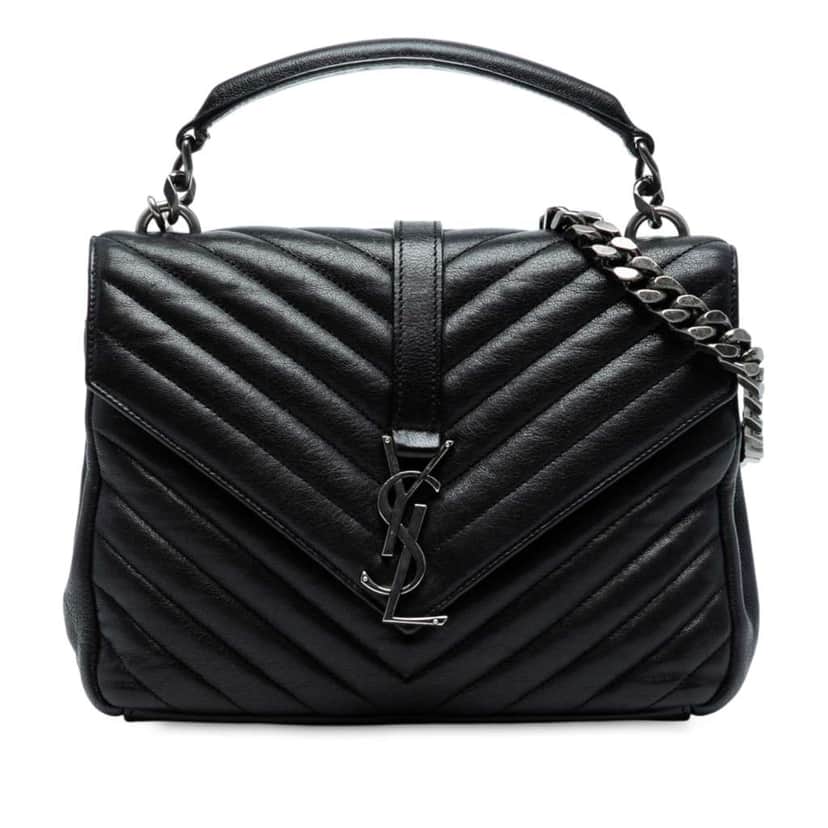 Saint Laurent Medium Quilted Chevron Sheepskin College Satchel Black Leather Good condition - Front View