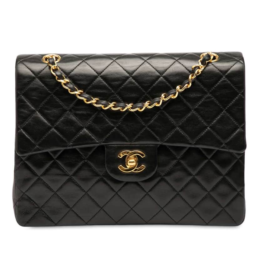 Chanel Medium Tall Classic Lambskin Double Flap Black Leather Good condition - Front View