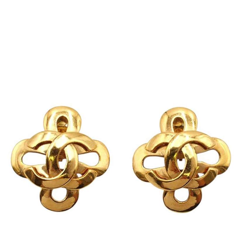 Chanel Gold Plated CC Clover Clip On Earrings Gold Metal Good condition - Front View