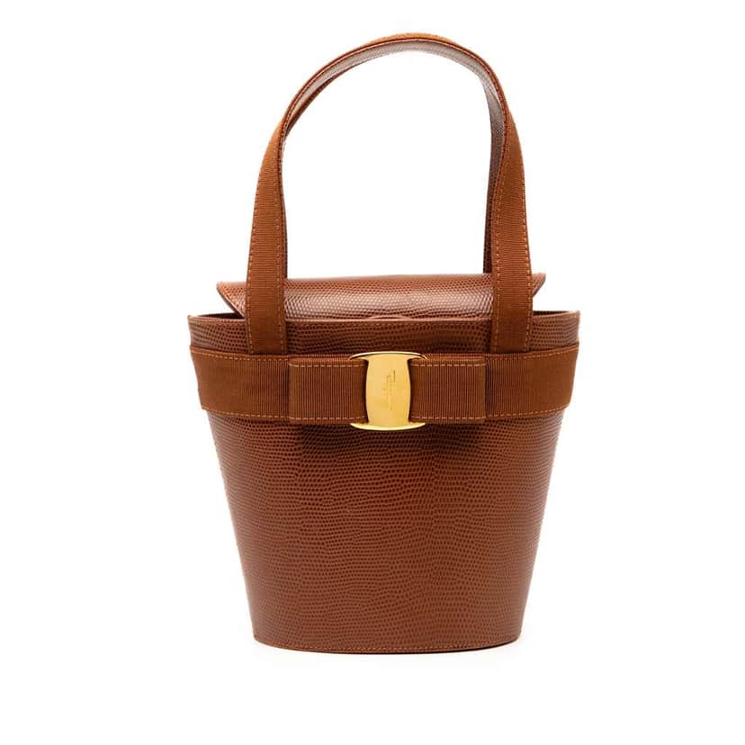 Salvatore Ferragamo Lizard Embossed Leather Vara Bow Top Handle Bucket Bag Brown Leather Good condition - Front View