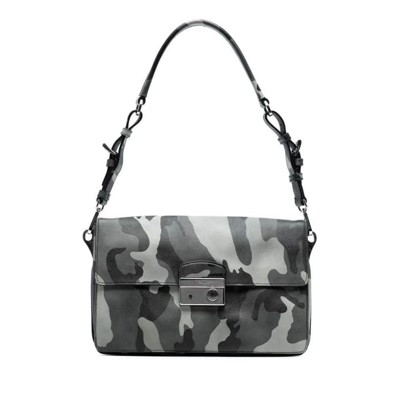 Prada Saffiano Camouflage Sound Lock Shoulder Bag Grey Leather Good condition - Front View