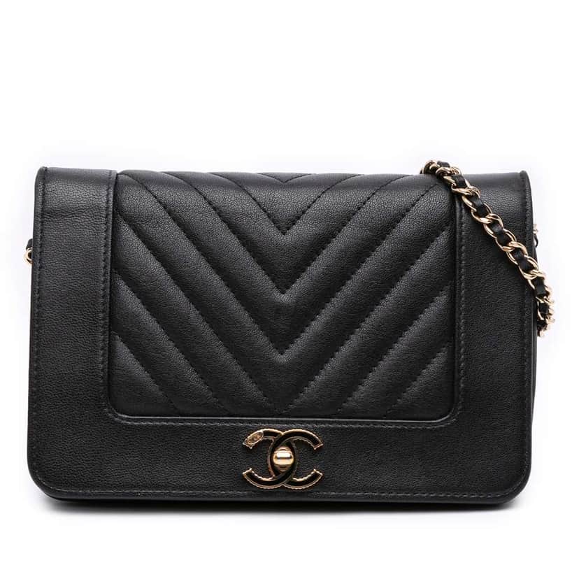 Chanel Chevron Sheepskin Mademoiselle Vintage Wallet on Chain Black Leather Good condition - Front View