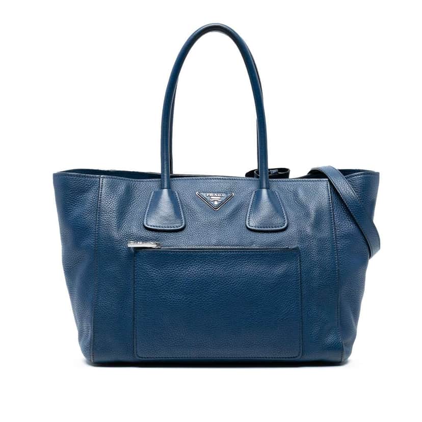 Prada Vitello Daino Front Pocket Open Convertible Tote Blue Leather Good condition - Front View