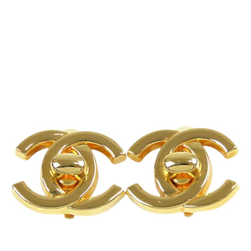 Chanel Gold Plated CC Turn Lock Clip on Earrings Gold Metal Good condition - Front View