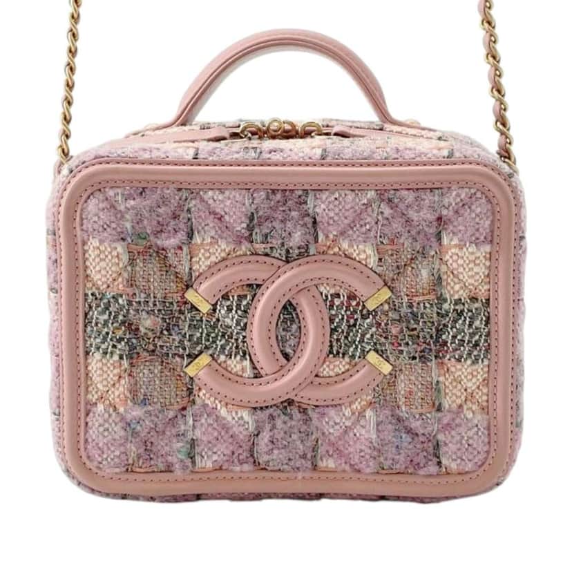 Chanel Small Tweed CC Filigree Vanity Case Pink Tweed Good condition - Front View