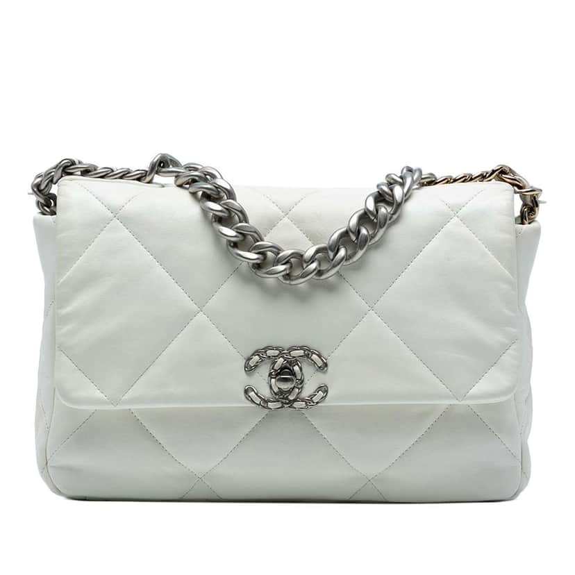 Chanel Large Lambskin 19 Flap White Leather Very good condition - Front View