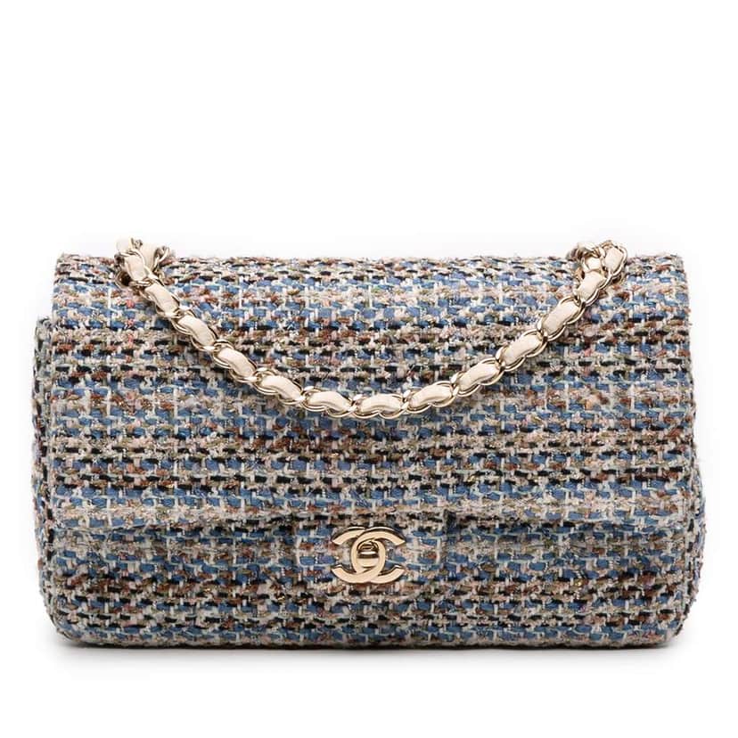 Chanel Medium Classic Tweed Double Flap Blue Tweed Fair condition - Front View