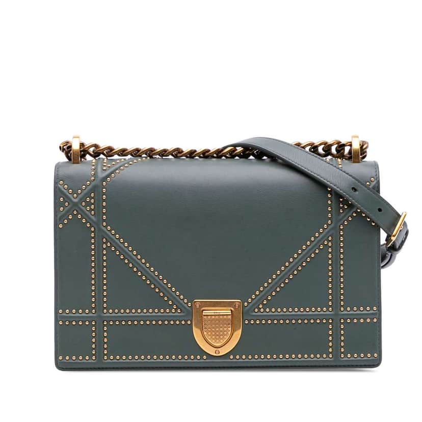 Dior Medium Studded Lambskin Diorama Flap Green Leather Good condition - Front View