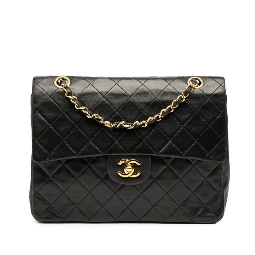 Chanel Medium Tall Classic Lambskin Double Flap Black Leather Good condition - Front View