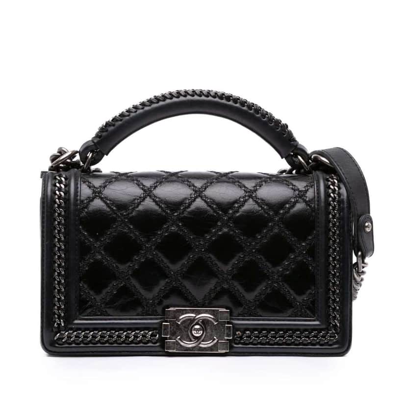 Chanel Medium Quilted Calfskin Whipstitch Chain Around Boy Top Handle Flap Black Leather Good condition - Front View