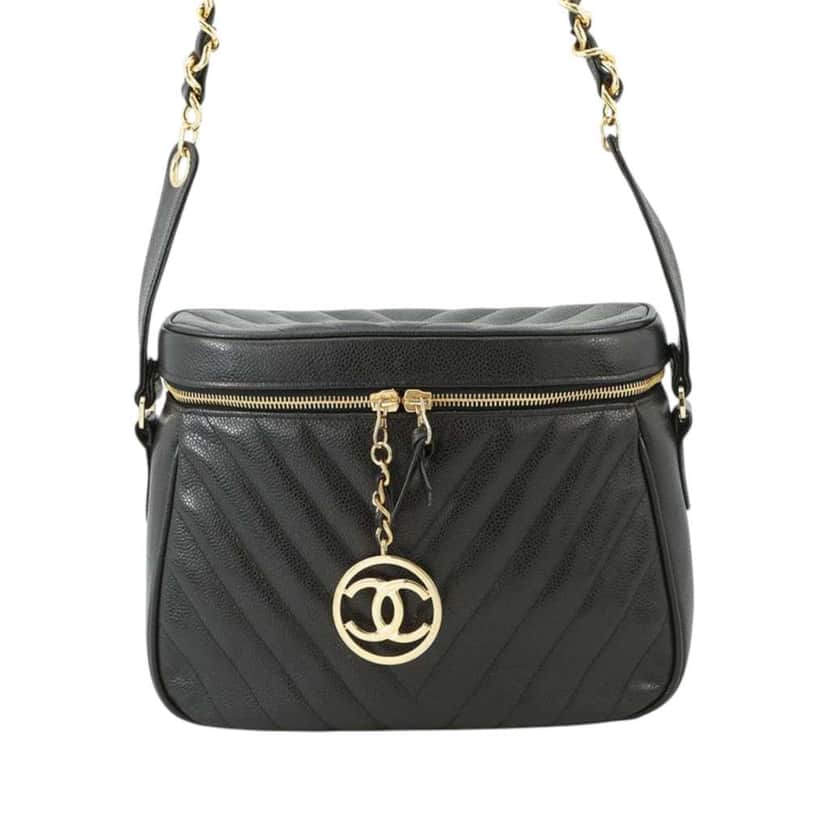 Chanel CC Chevron Caviar Vanity Case with Chain Black Leather Good condition - Front View
