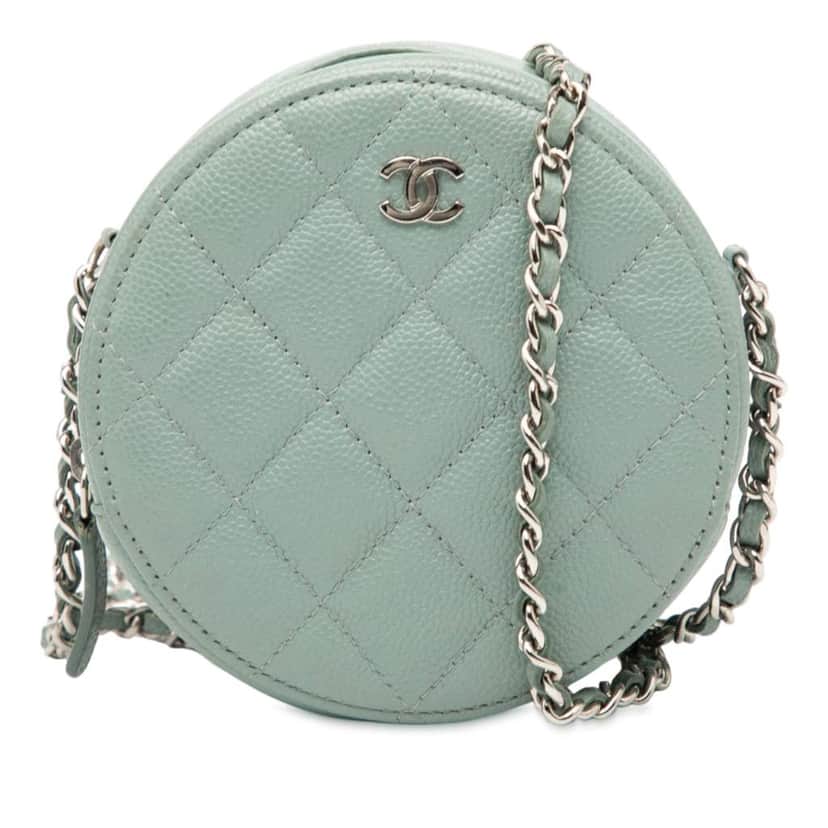 Chanel CC Quilted Caviar Round Clutch With Chain Blue Leather Good condition - Front View