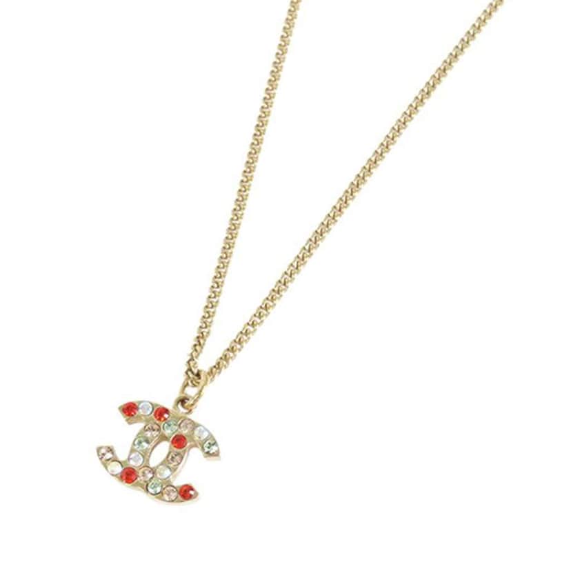 Chanel Gold Plated CC Rhinestones Pendant Necklace Gold Metal Good condition - Front View