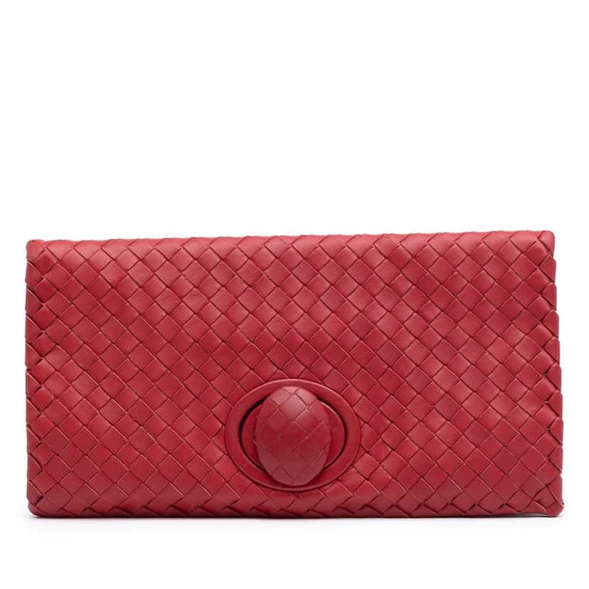 Bottega Veneta Nappa Intrecciato Turn Lock Clutch Red Leather Good condition - Front View