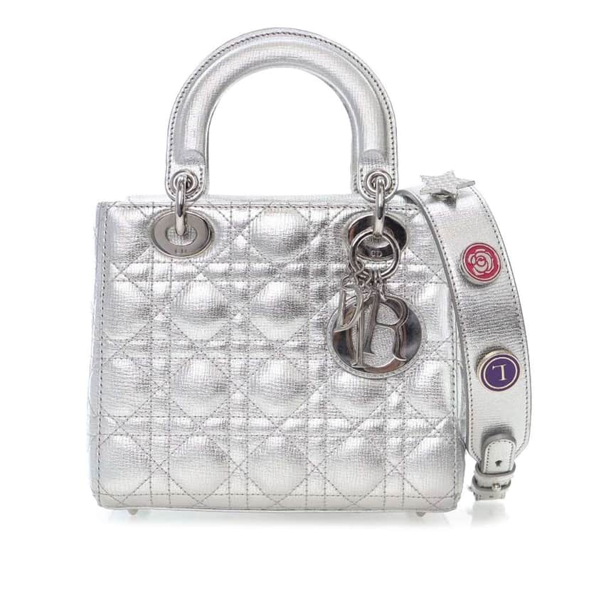 Dior Small Metallic Grained Calfskin Cannage My ABCDior Lady Dior Silver Leather Good condition - Front View
