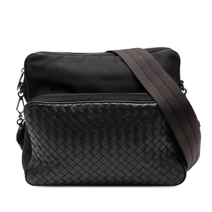Bottega Veneta Nappa Intrecciato Trimmed Canvas Messenger Bag Black Leather Very good condition - Front View