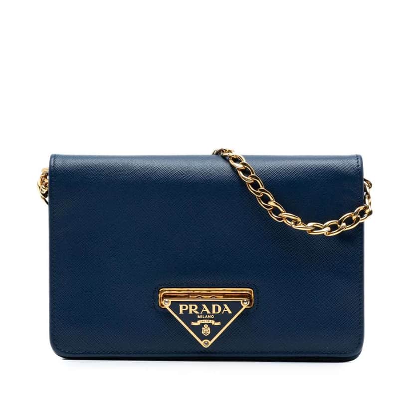 Prada Saffiano Lux Flip Lock Wallet on Chain Blue Leather Good condition - Front View