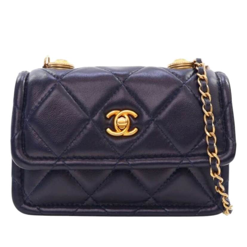 Chanel Mini Quilted Shiny Lambskin Button On Top Flap Blue Leather Good condition - Front View