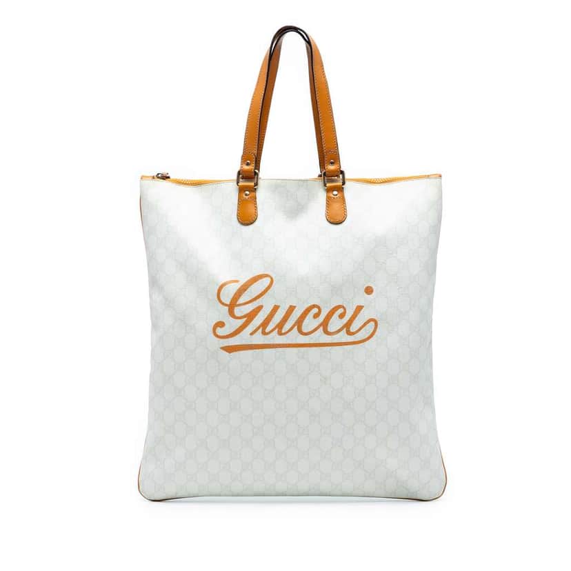 Gucci GG Supreme Heritage Logo Flat Zip Tote White Canvas Very good condition - Front View