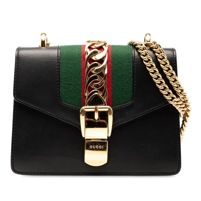 Gucci Mini Leather Web Sylvie Chain Crossbody Black Leather Good condition - Front View