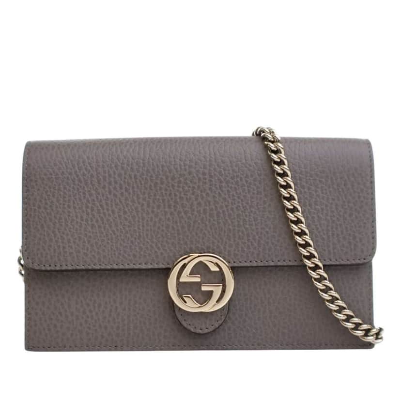 Gucci Leather Interlocking G Dollar Wallet on Chain Grey Leather Good condition - Front View
