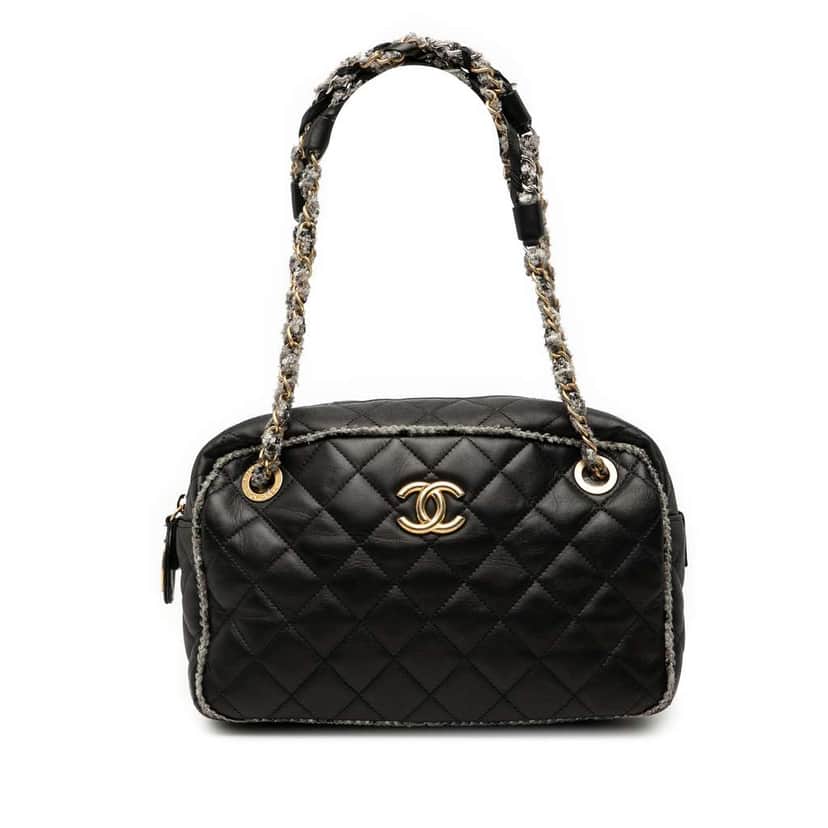 Chanel CC Quilted Lambskin Tweedy Bowler Bag Black Leather Good condition - Front View