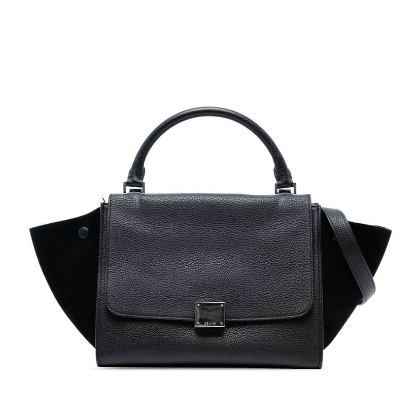 Celine Small Drummed Calfskin and Suede Trapeze Satchel Black Leather Good condition - Front View
