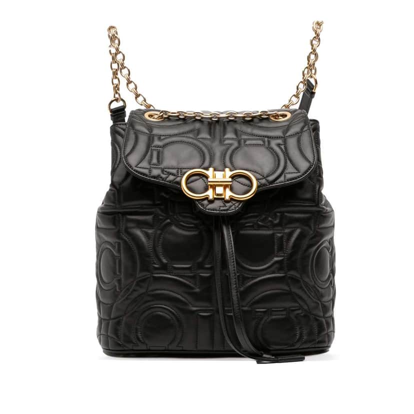 Salvatore Ferragamo Small Quilted Leather Double Gancini Backpack Black Leather Good condition - Front View