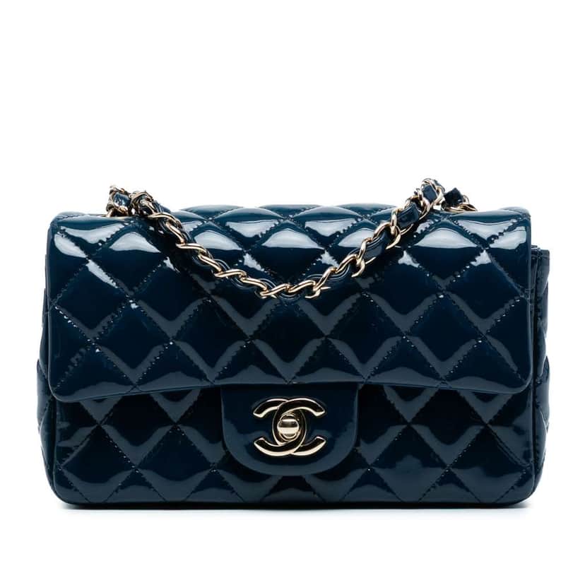 Chanel Mini Rectangular Classic Patent Single Flap Blue Leather Good condition - Front View