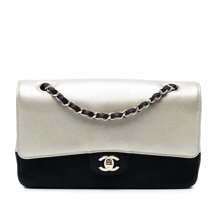 Chanel Medium Classic Bicolor Caviar Double Flap Silver Leather Good condition - Front View