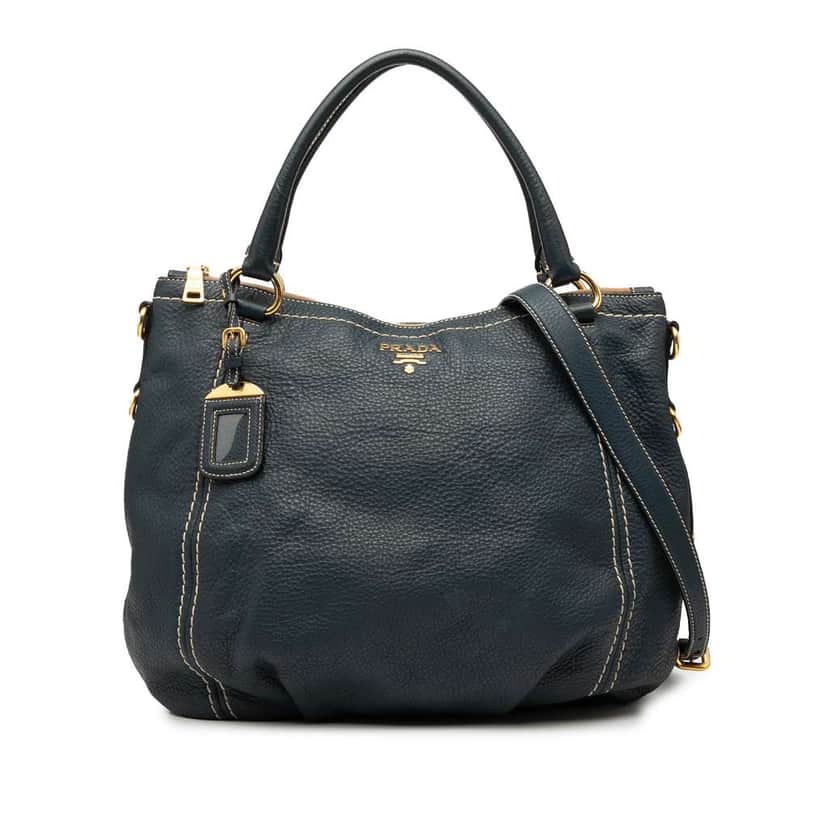Prada Vitello Daino Zip Top Satchel Blue Leather Very good condition - Front View