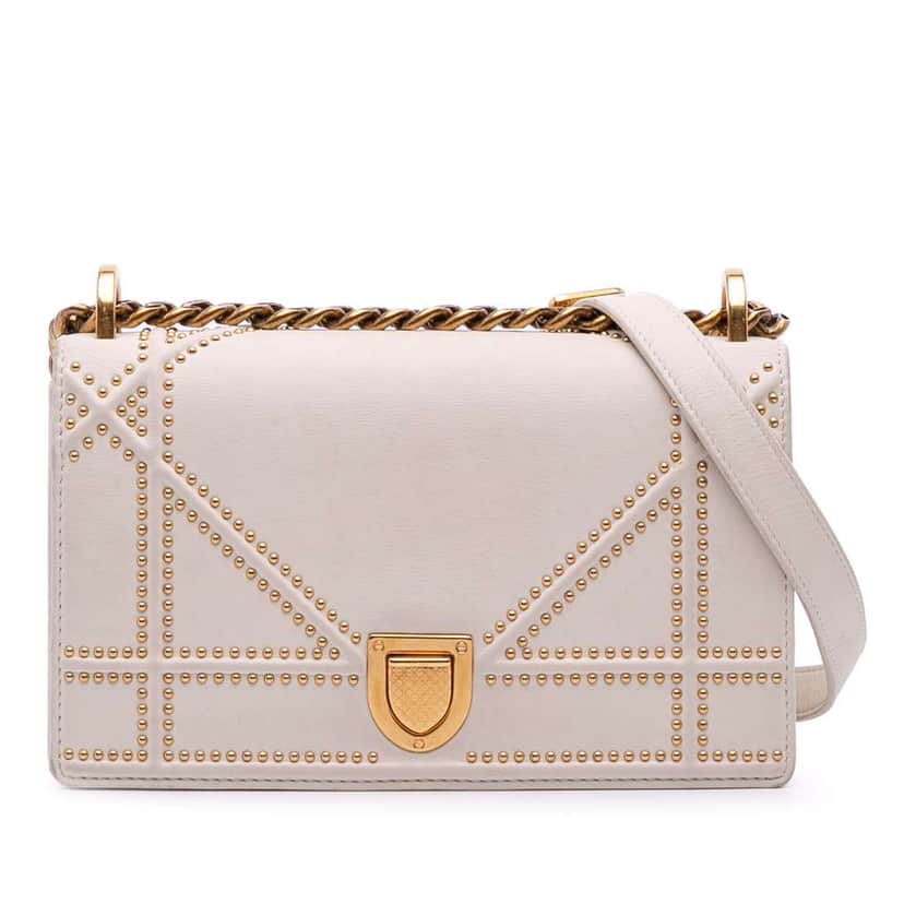 Dior Small Lambskin Studded Diorama Flap White Leather Good condition - Front View