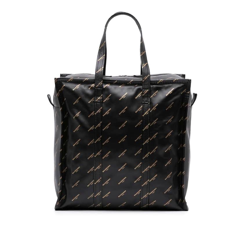 Balenciaga M Lambskin Allover Logo Bazar Shopper Satchel Black Leather Good condition - Front View