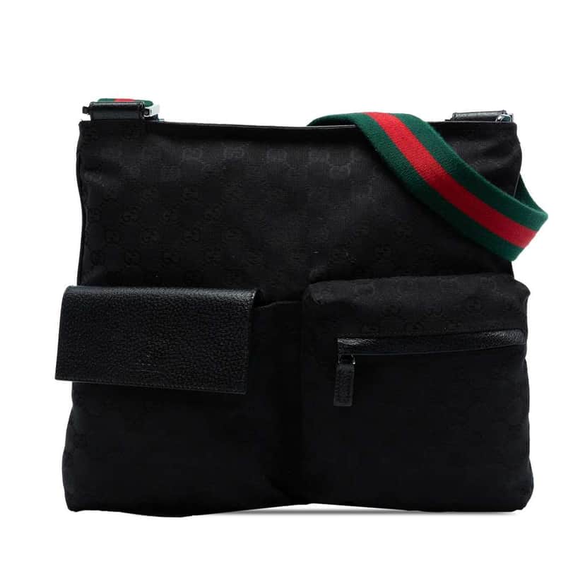 Gucci GG Canvas Web Double Pocket Crossbody Black Canvas Good condition - Front View