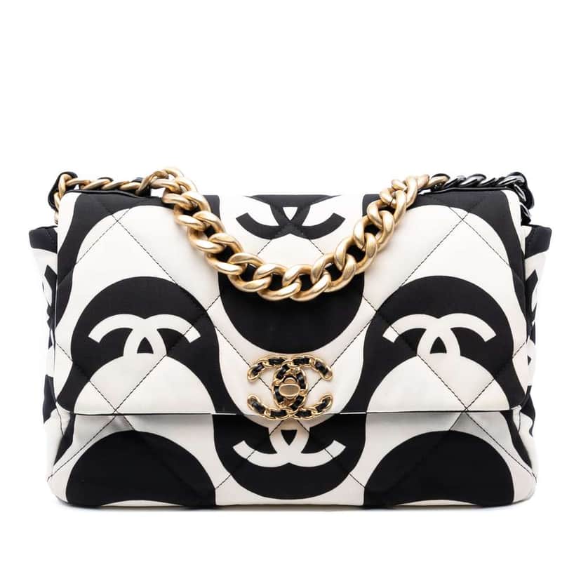 Chanel Large Printed Silk 19 Flap White Silk Very good condition - Front View