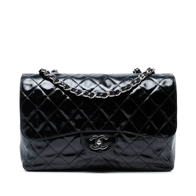 Chanel Jumbo Classic Crinkled Patent Single Flap Blue Leather Good condition - Front View