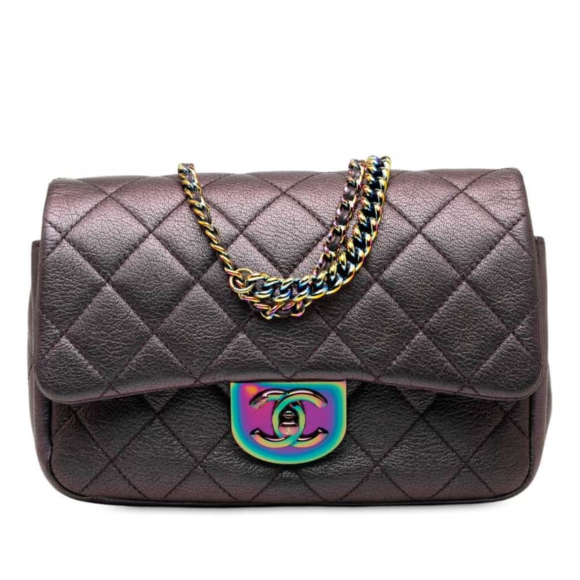 Chanel Small Iridescent Goatskin Rainbow Hardware Double Carry Waist Chain Flap Purple Leather Good condition - Front View
