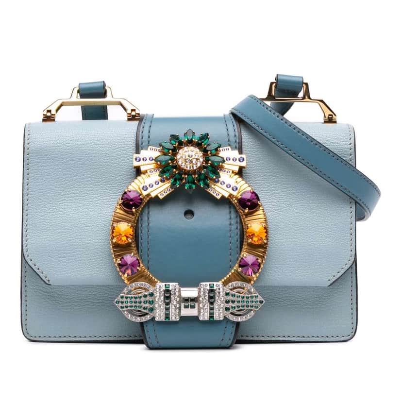 Miu Miu Goatskin Madras Soft Calf Crystal Embellished Crossbody Blue Leather Good condition - Front View