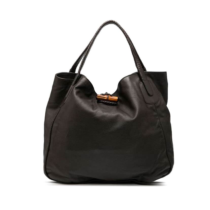 Gucci Large Pebbled Deerskin Bamboo Hip Tote Brown Leather Good condition - Front View